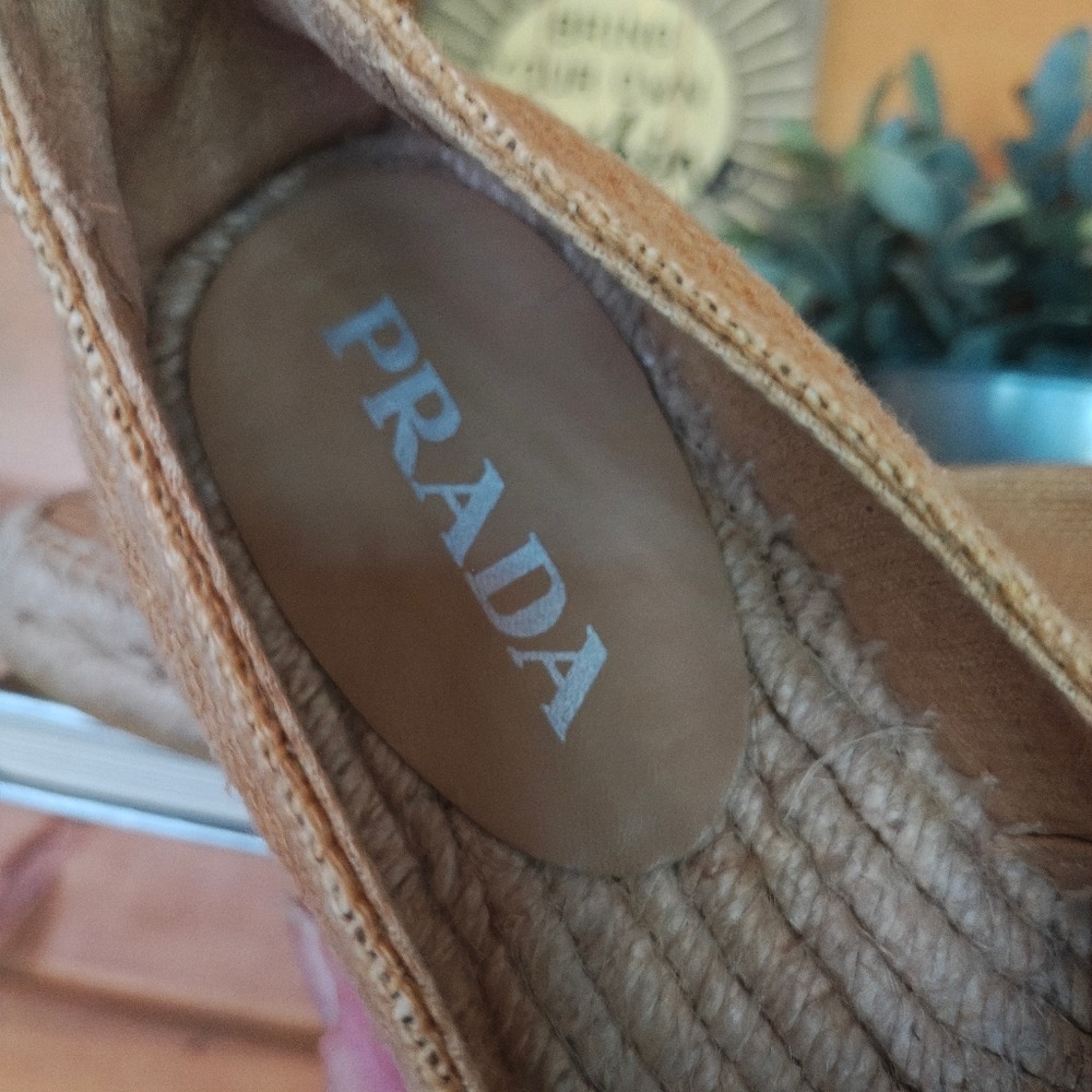 Prada Milano Embroidered Tan Jute Linen Burlap Shoe Espadrille Flats EUC Sz 36/6 - Picture 11 of 13